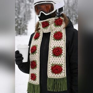 Handmade Crochet Rose Granny Square Scarf – 100% Cotton Floral Scarf